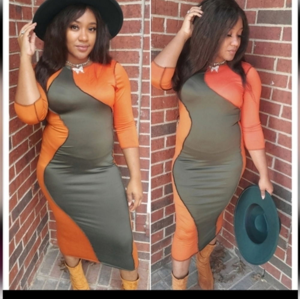 Orange And Green Patchwork Midi Length Dress - image 1